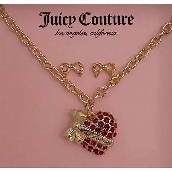 Juicy Couture Gold-Tone Ruby Red Rhinestone Heart Charm Necklace & Bow Earrings - Picture 9 of 9